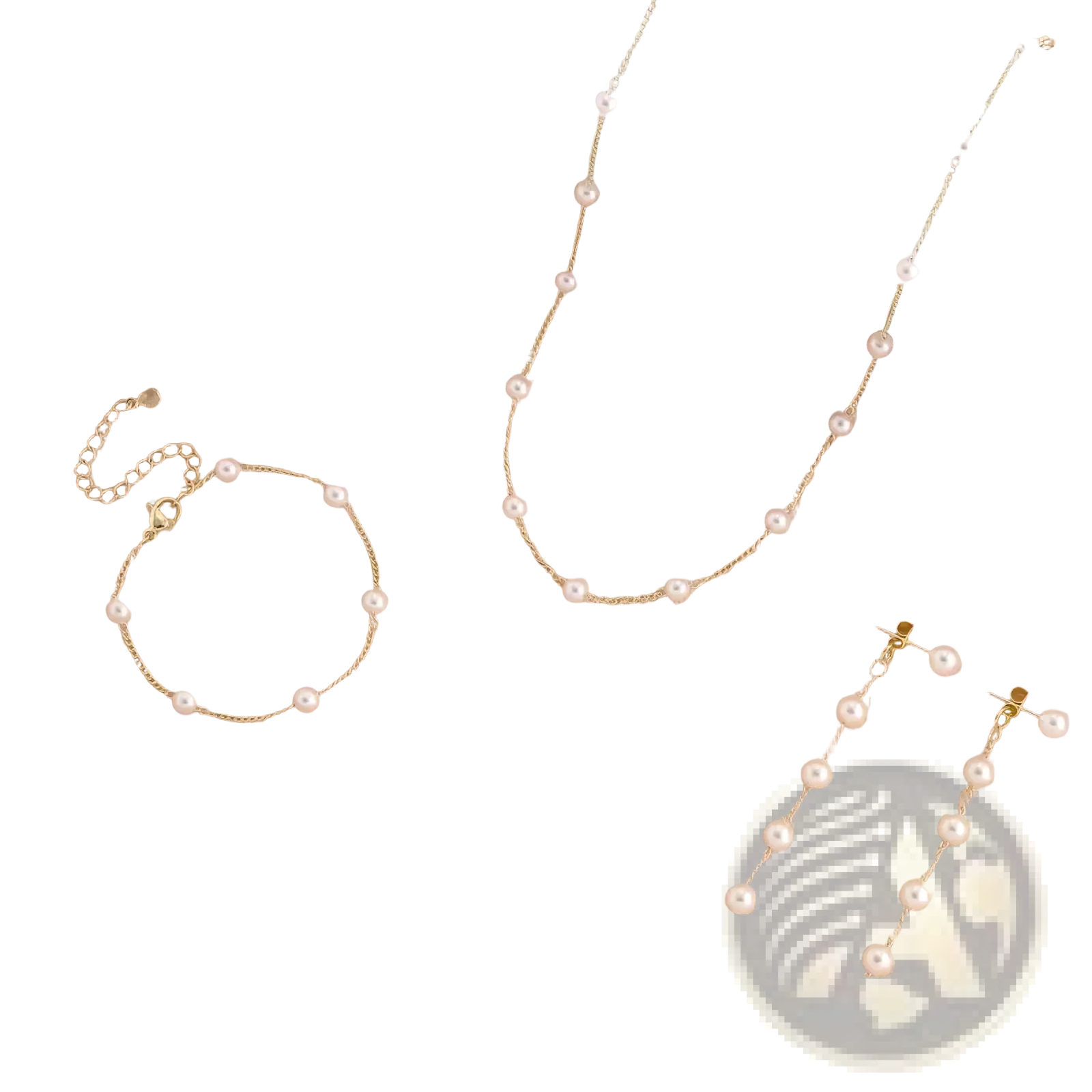 Gold pearl jewelry set women featuring a gold-toned necklace with a delicate chain and evenly spaced round white pearls