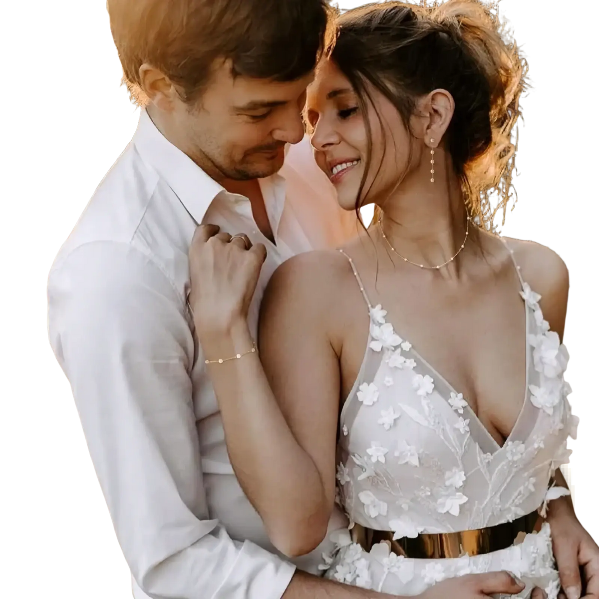 White floral lace wedding dress with gold belt paired with gold pearl jewelry set for women
