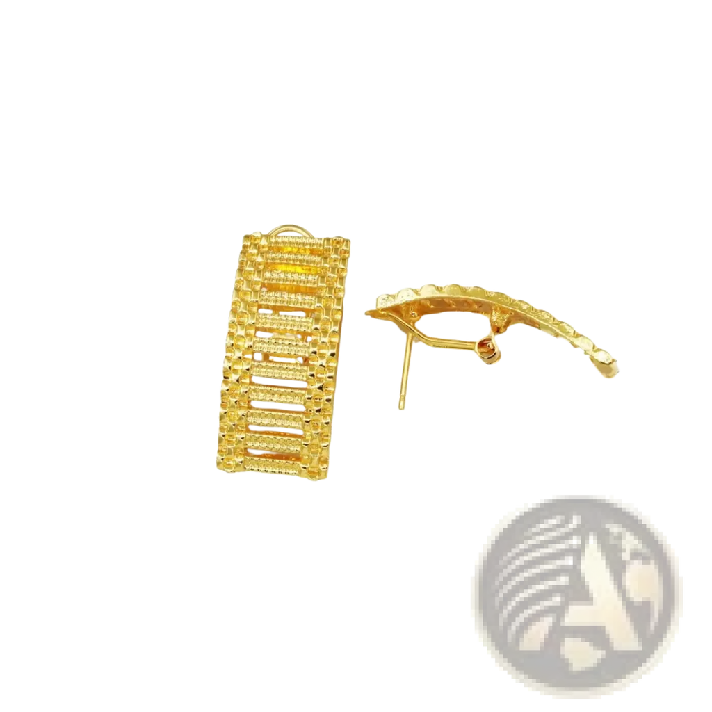 Gold plated african luxury jewelry set with gold rectangular clip-on earrings featuring intricate lattice texture