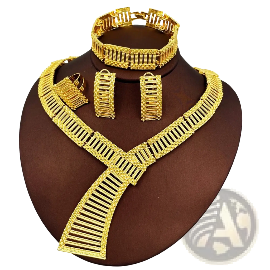 Gold plated African luxury jewelry set with gold-colored intricately designed bessy mei necklace featuring vertical bars