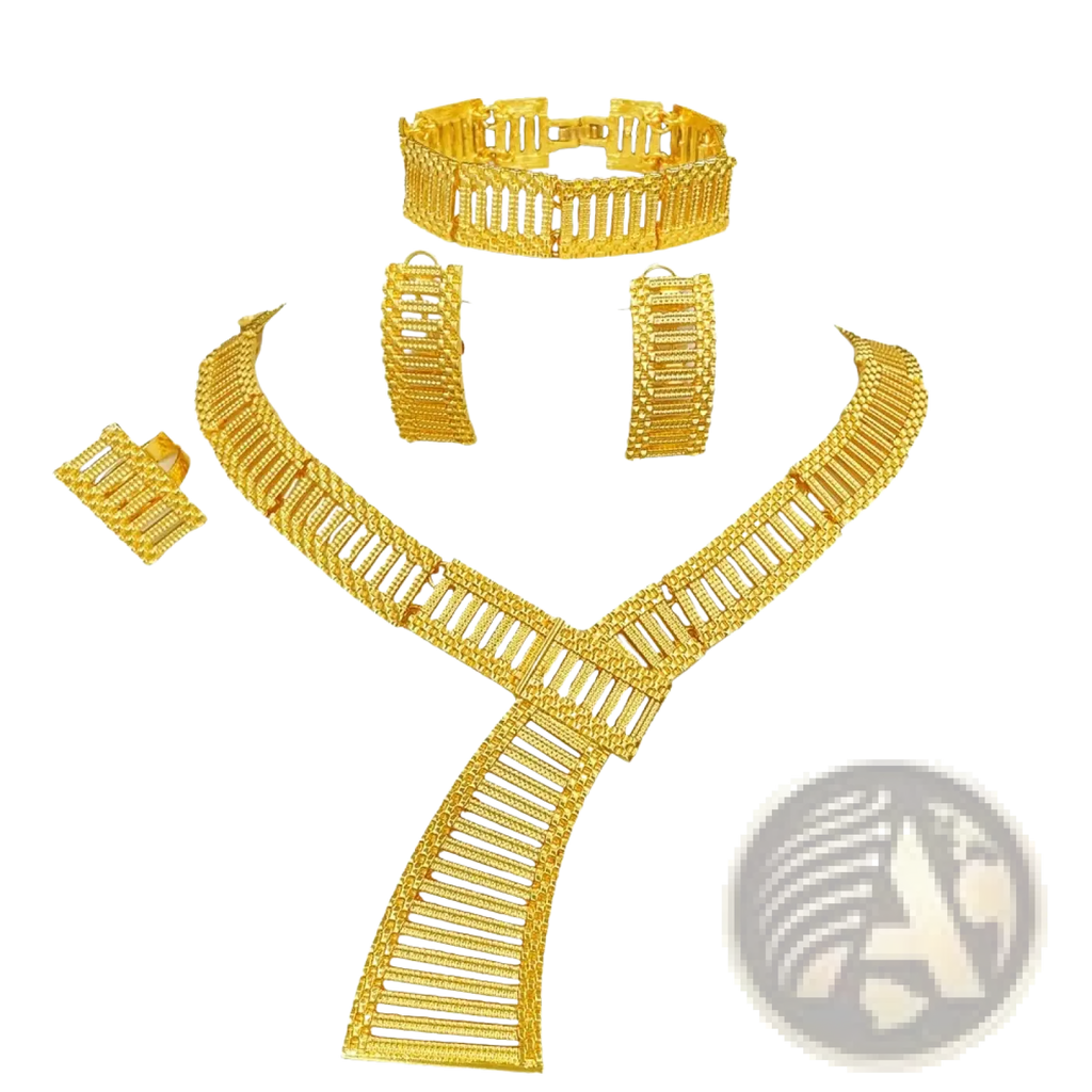 Gold plated African luxury jewelry set featuring golden intricately woven mesh necklace bracelet earrings and ring
