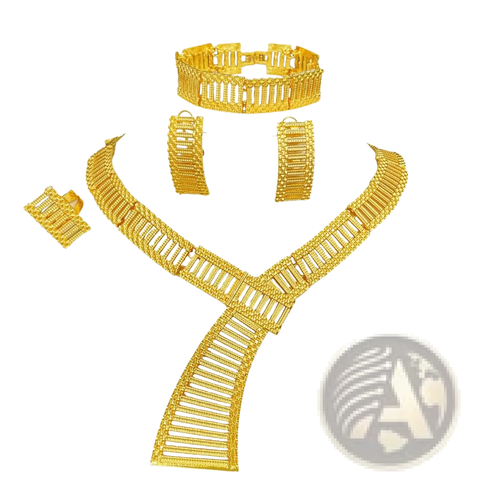 Gold plated African luxury jewelry set featuring golden intricately woven mesh necklace bracelet earrings and ring