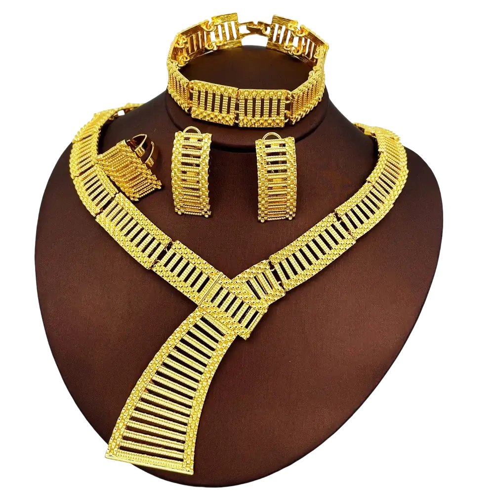 Gold plated African luxury jewelry set with gold-colored intricately designed bessy mei necklace featuring vertical bars