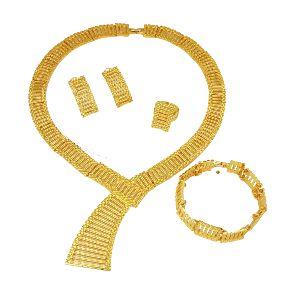Gold plated african luxury jewelry set with gold-colored rectangular bar necklace earrings ring and bracelet