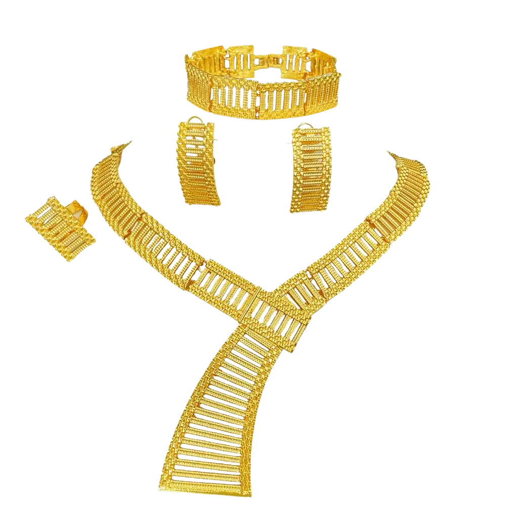 Gold plated African luxury jewelry set featuring golden intricately woven mesh necklace bracelet earrings and ring