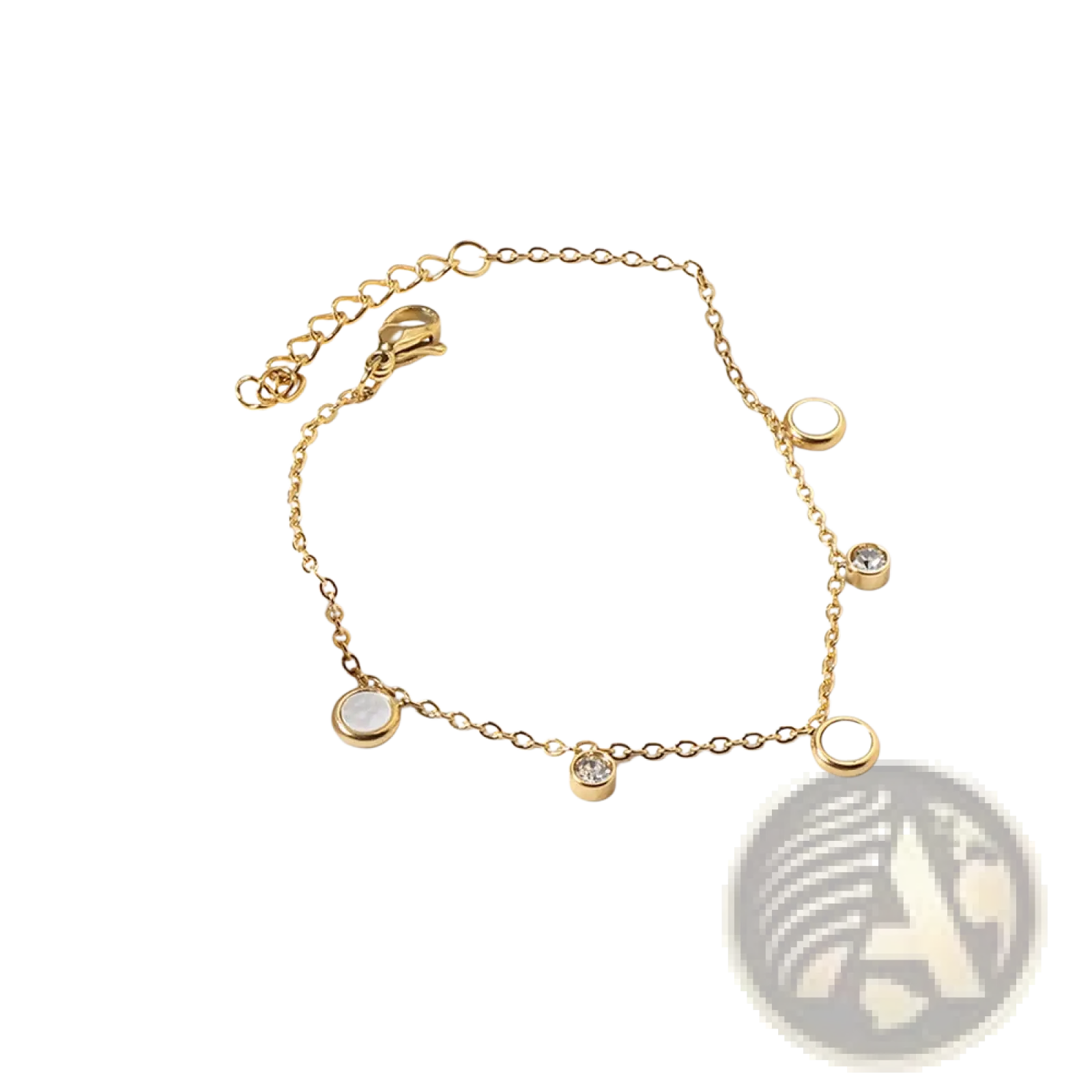 Gold plated charm bracelet with crystal accents featuring gold-toned chain and alternating clear crystal and opal-like charms