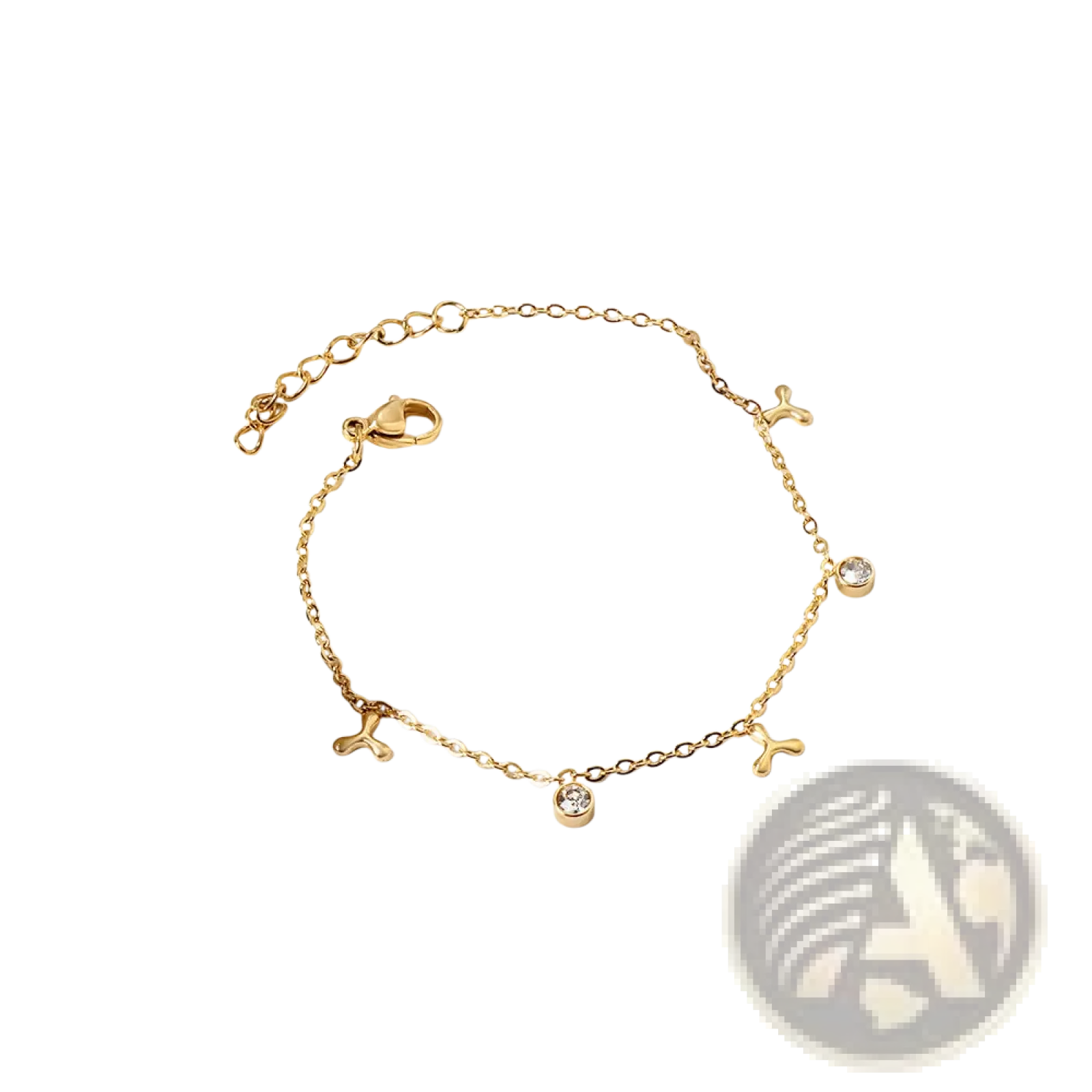 Gold plated charm bracelet featuring gold-toned chain with small three-pronged charms and clear crystal accents