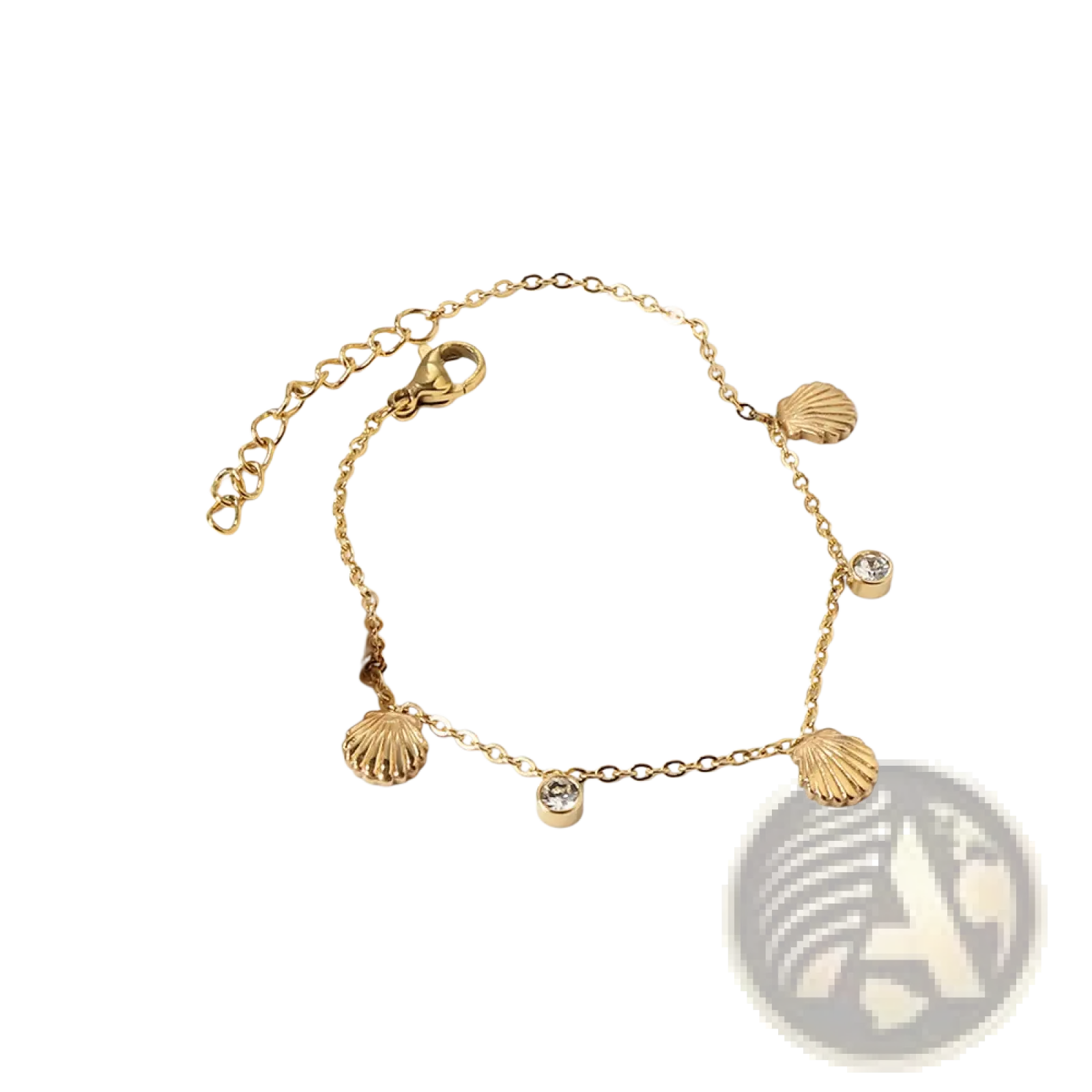 Gold plated charm bracelet in gold tone with three seashell charms and two small round crystal accents