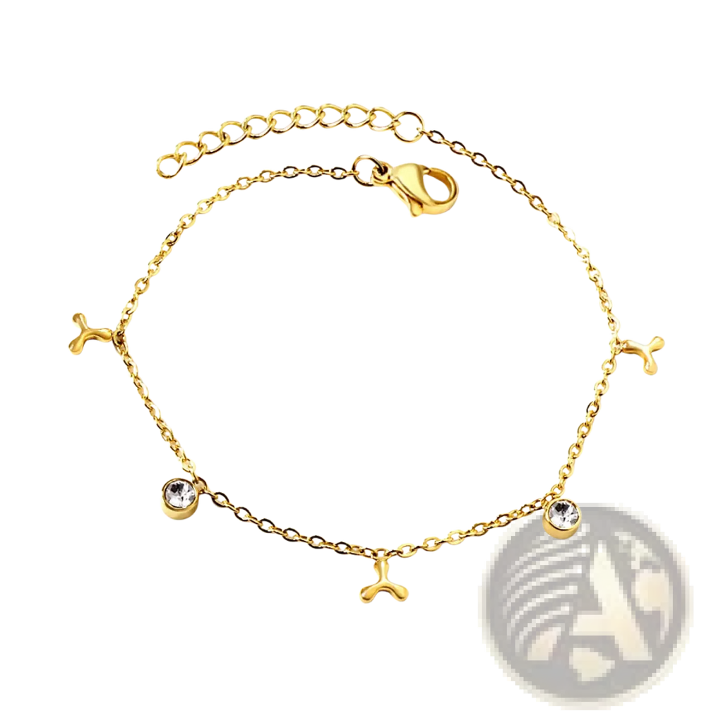 Gold plated charm bracelet with gold-toned chain featuring three y-shaped charms and two clear crystal accents