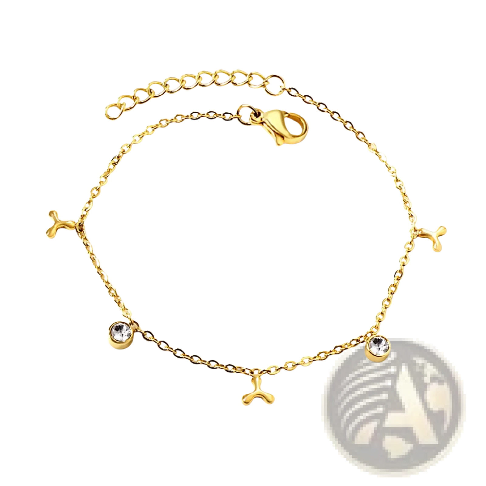 Gold plated charm bracelet with gold-toned chain featuring three y-shaped charms and two clear crystal accents