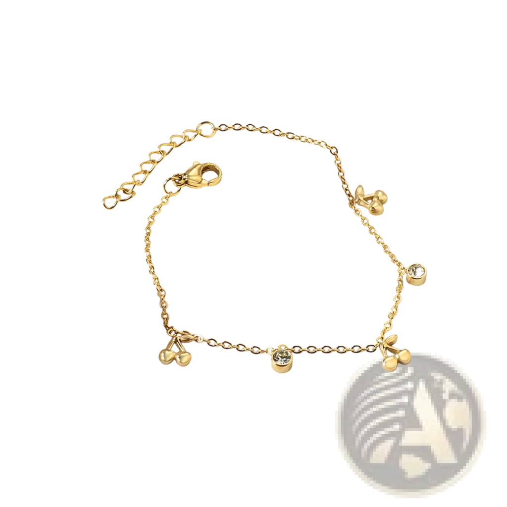 Gold plated charm bracelet with gold-toned chain adorned with cherry-shaped charms and clear crystal accents