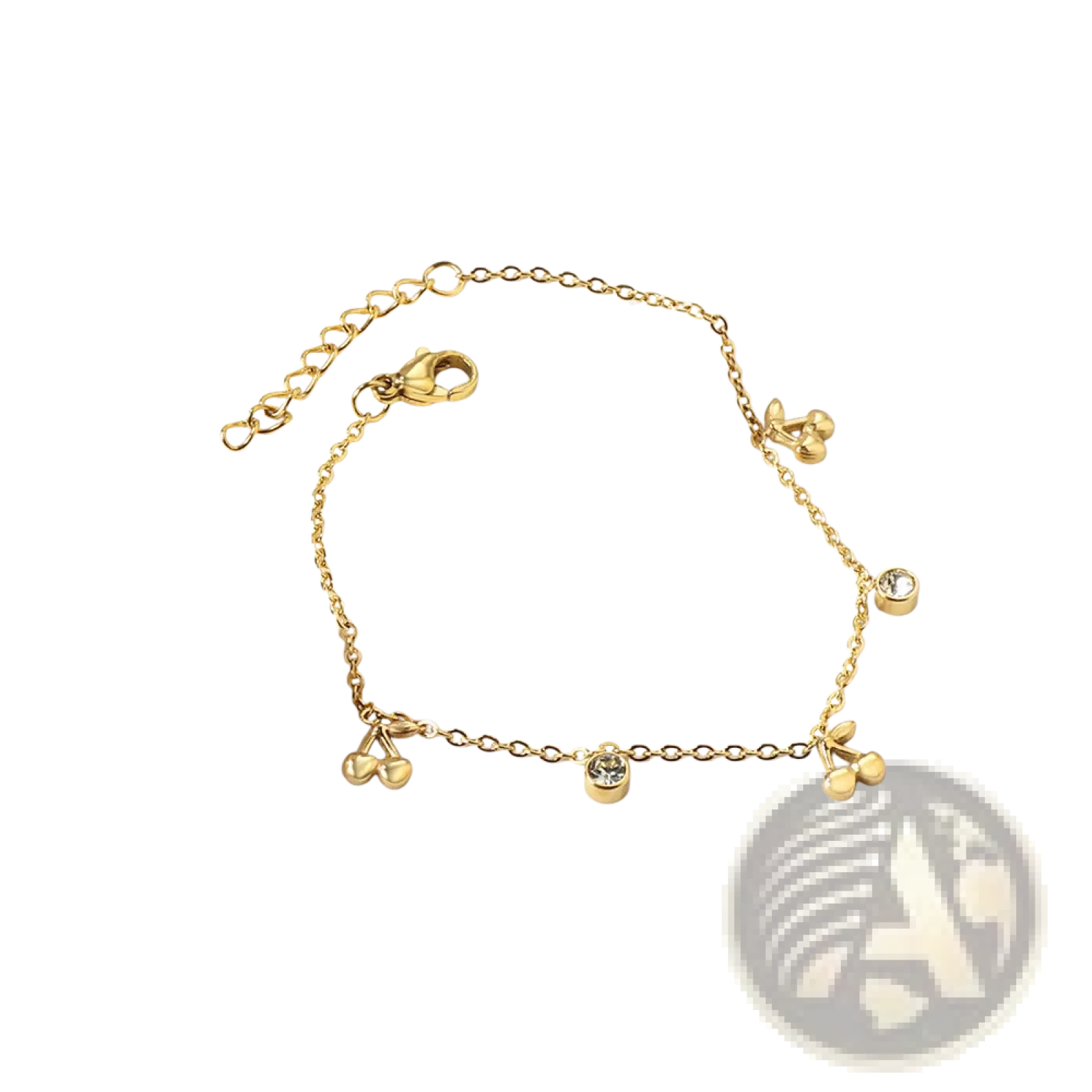 Gold plated charm bracelet with gold-toned chain adorned with cherry-shaped charms and clear crystal accents
