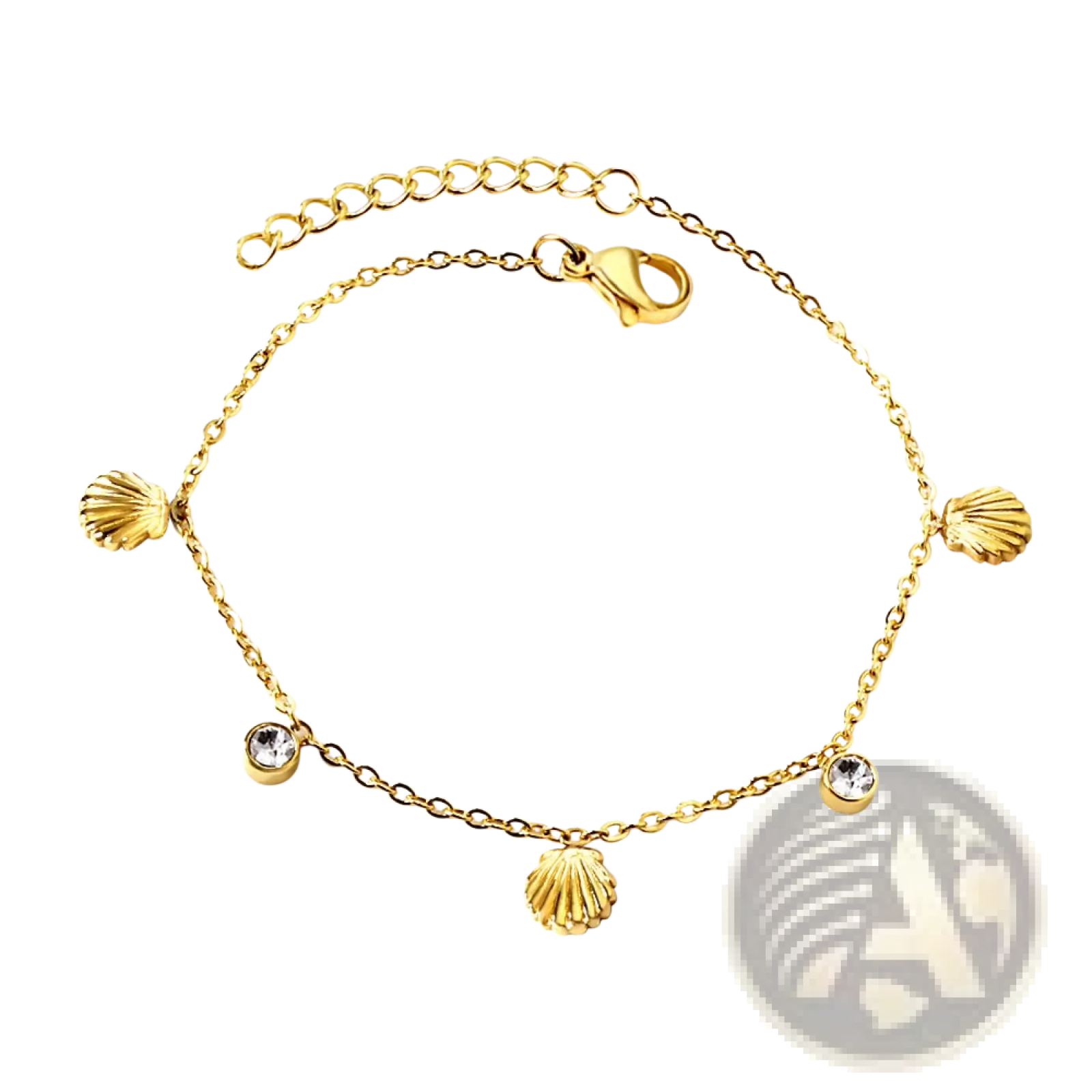 Gold plated charm bracelet with gold-toned seashell charms and clear crystal accents for elegant wear