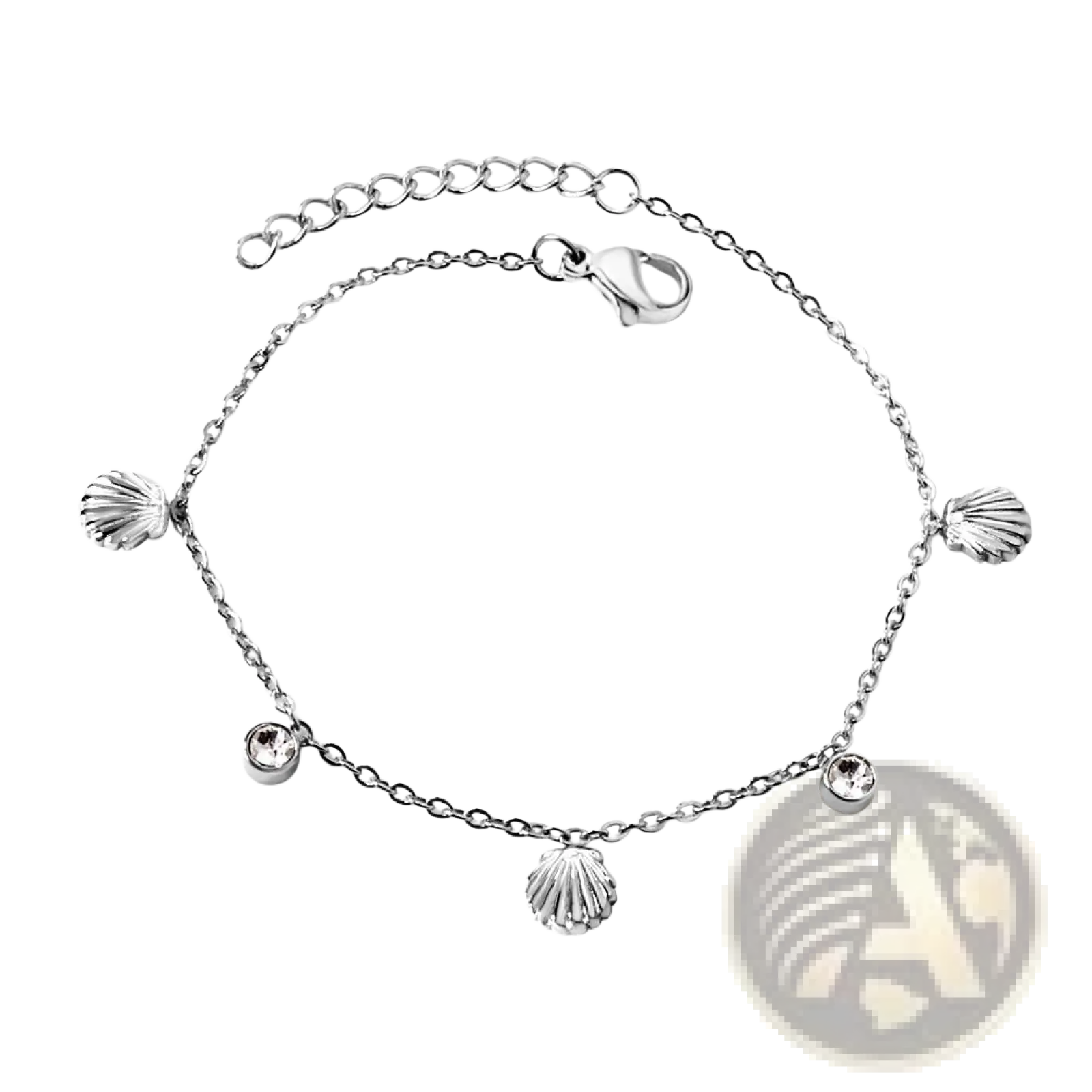 Gold plated charm bracelet with crystal accents featuring silver shell-themed anklet charms and dangling seashells
