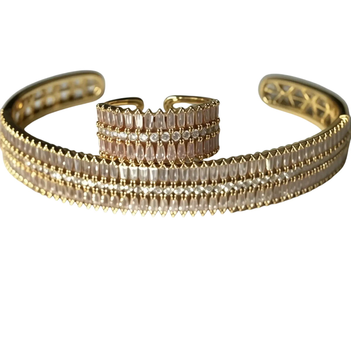 Gold plated crystal bangle bracelet with three rows of faceted pink and clear crystals paired with matching ring