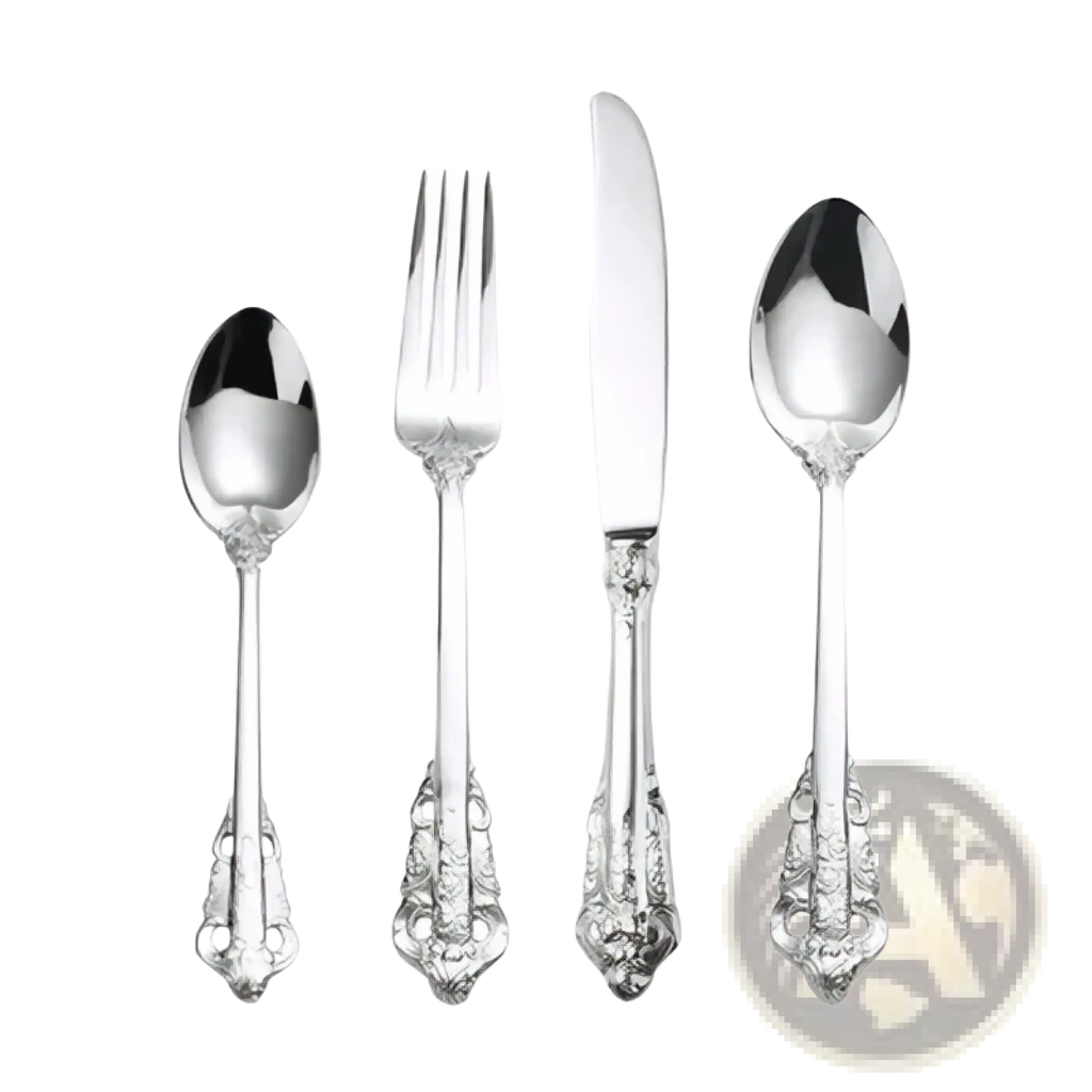 Silver-plated cutlery set with ornate vintage-inspired handles and polished reflective surfaces for western dining