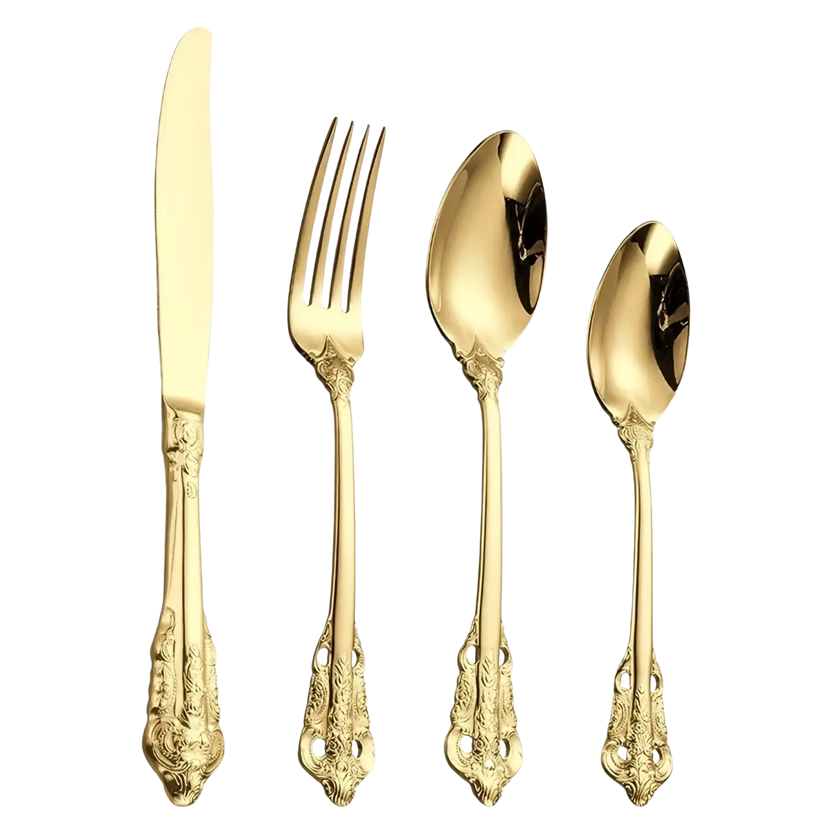 Gold plated cutlery set 24 piece with elegant gold toned vintage handles featuring intricate floral and scrollwork detailing