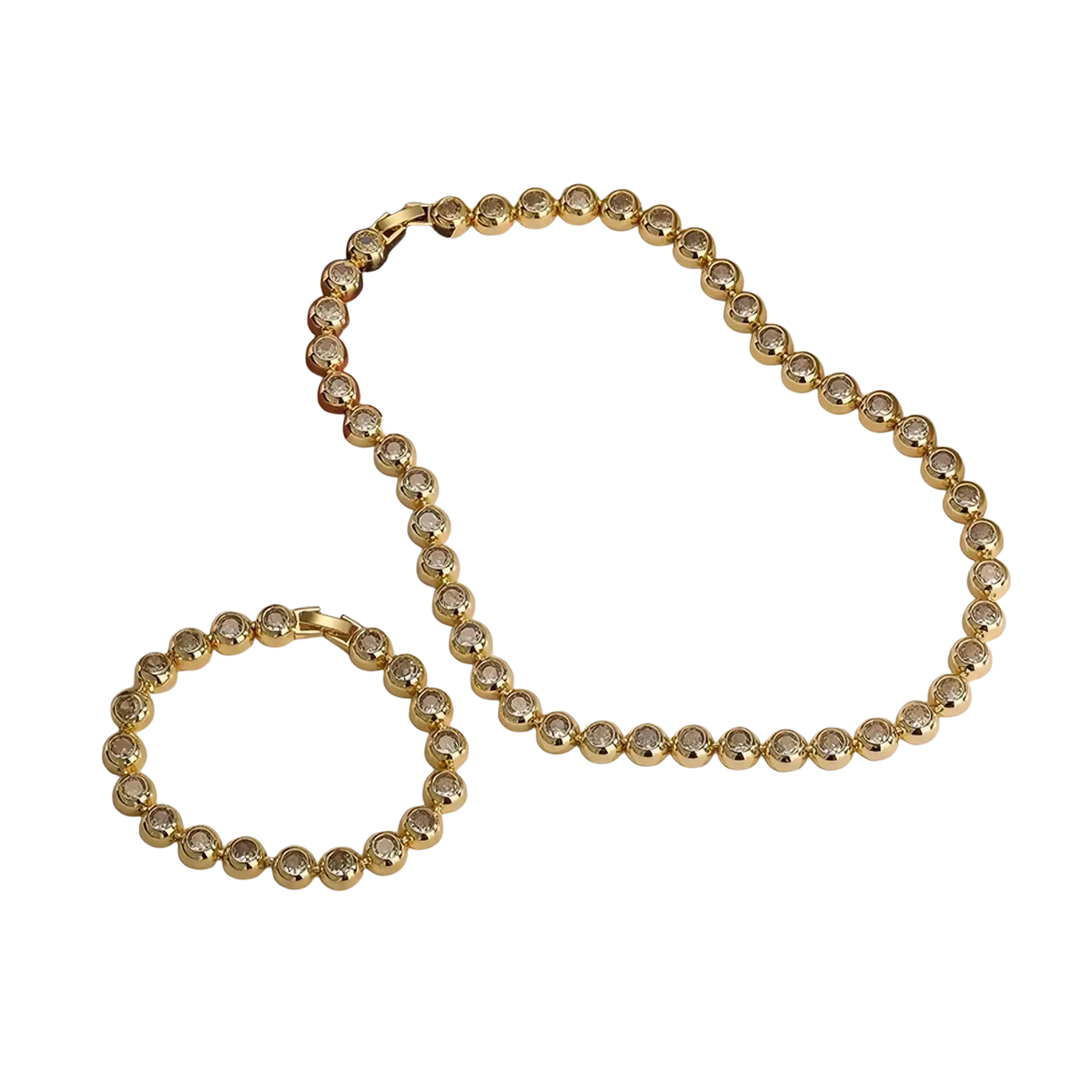 Gold plated cz tennis jewelry set featuring gold-toned beaded necklace and matching bracelet with faceted clear stones