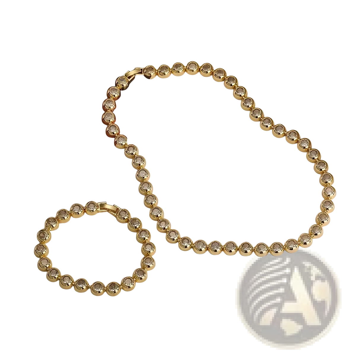 Gold plated cz tennis jewelry set featuring gold-toned beaded necklace and matching bracelet with faceted clear stones