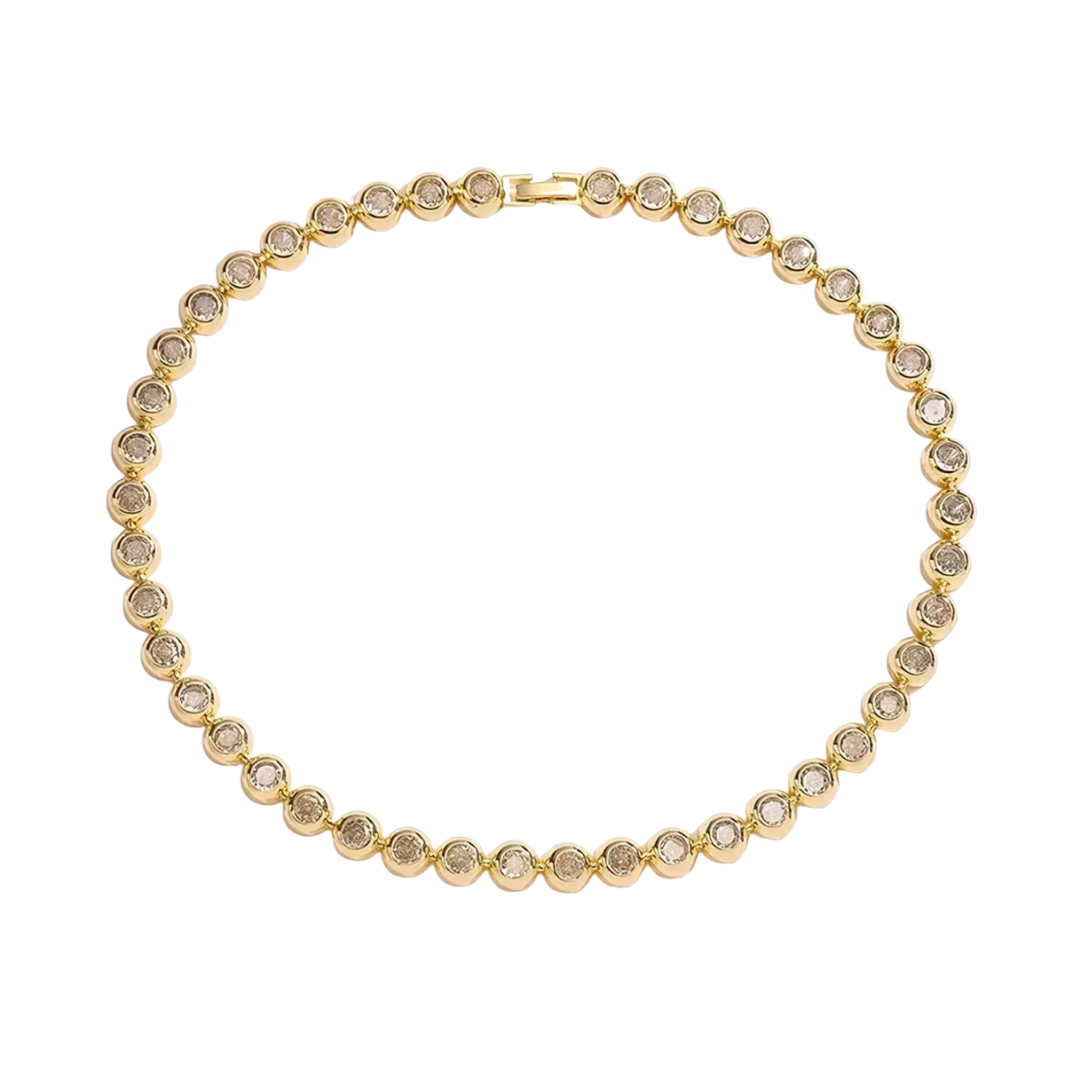 Gold plated cz tennis bracelet with round clear gemstones in a continuous line and matching clasp in gold tone