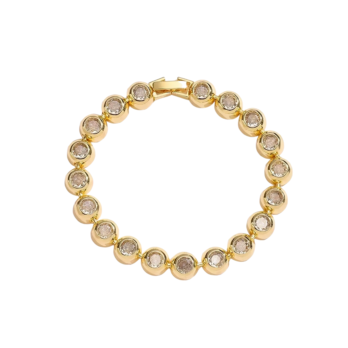 Gold plated cz tennis bracelet with round faceted clear stones set in a sleek polished gold toned metal design