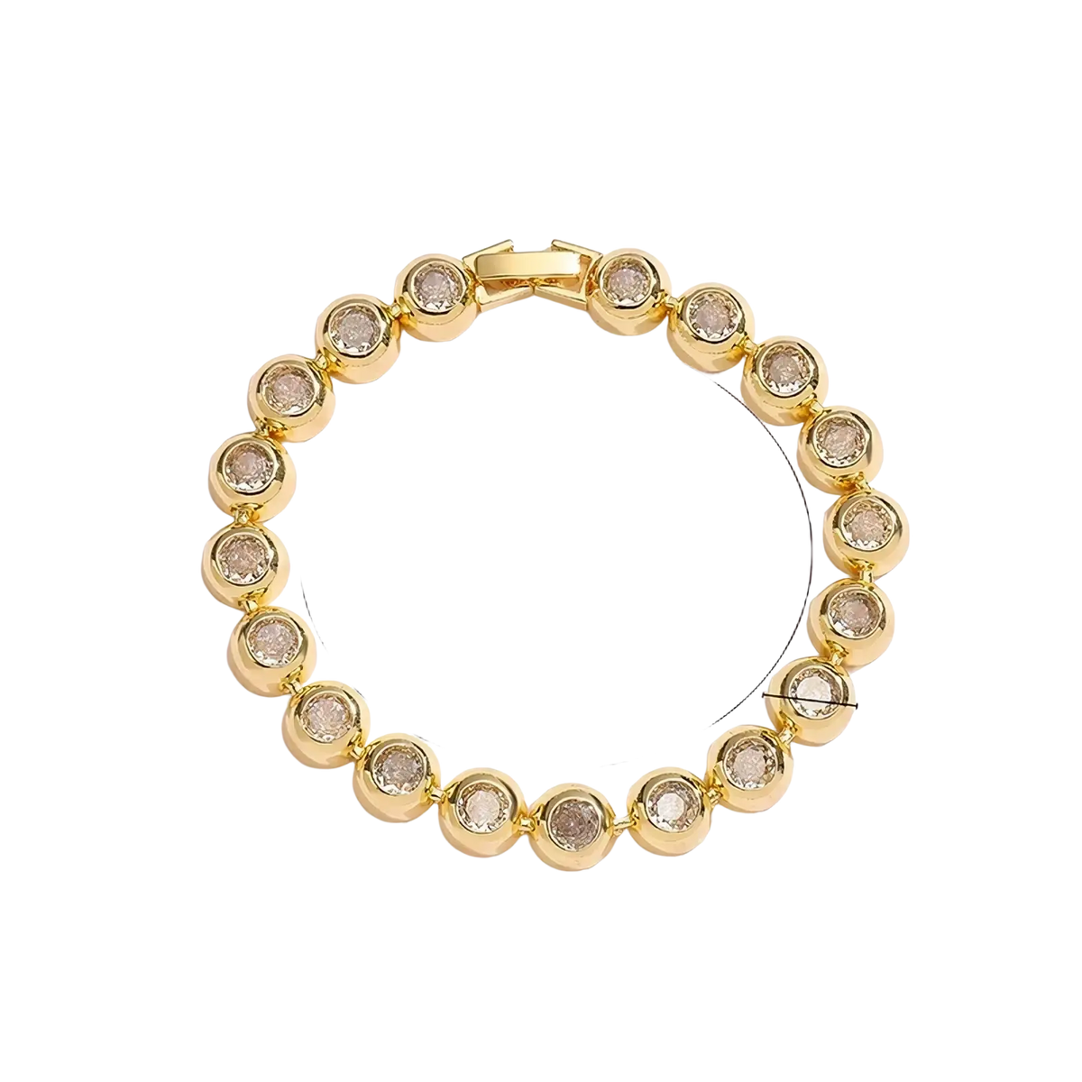 Gold plated cz tennis bracelet featuring gold toned round faceted clear crystals in a sleek chain design