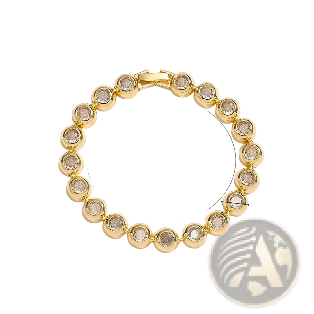 Gold plated cz tennis bracelet featuring gold toned round faceted clear crystals in a sleek chain design