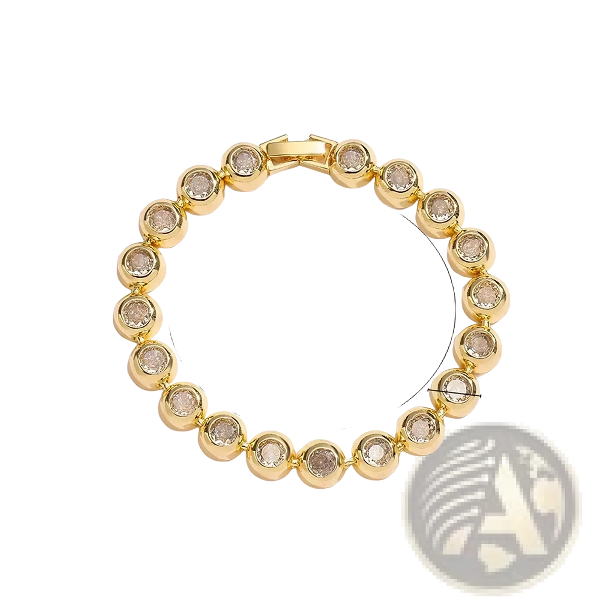 Gold plated cz tennis bracelet featuring gold toned round faceted clear crystals in a sleek chain design