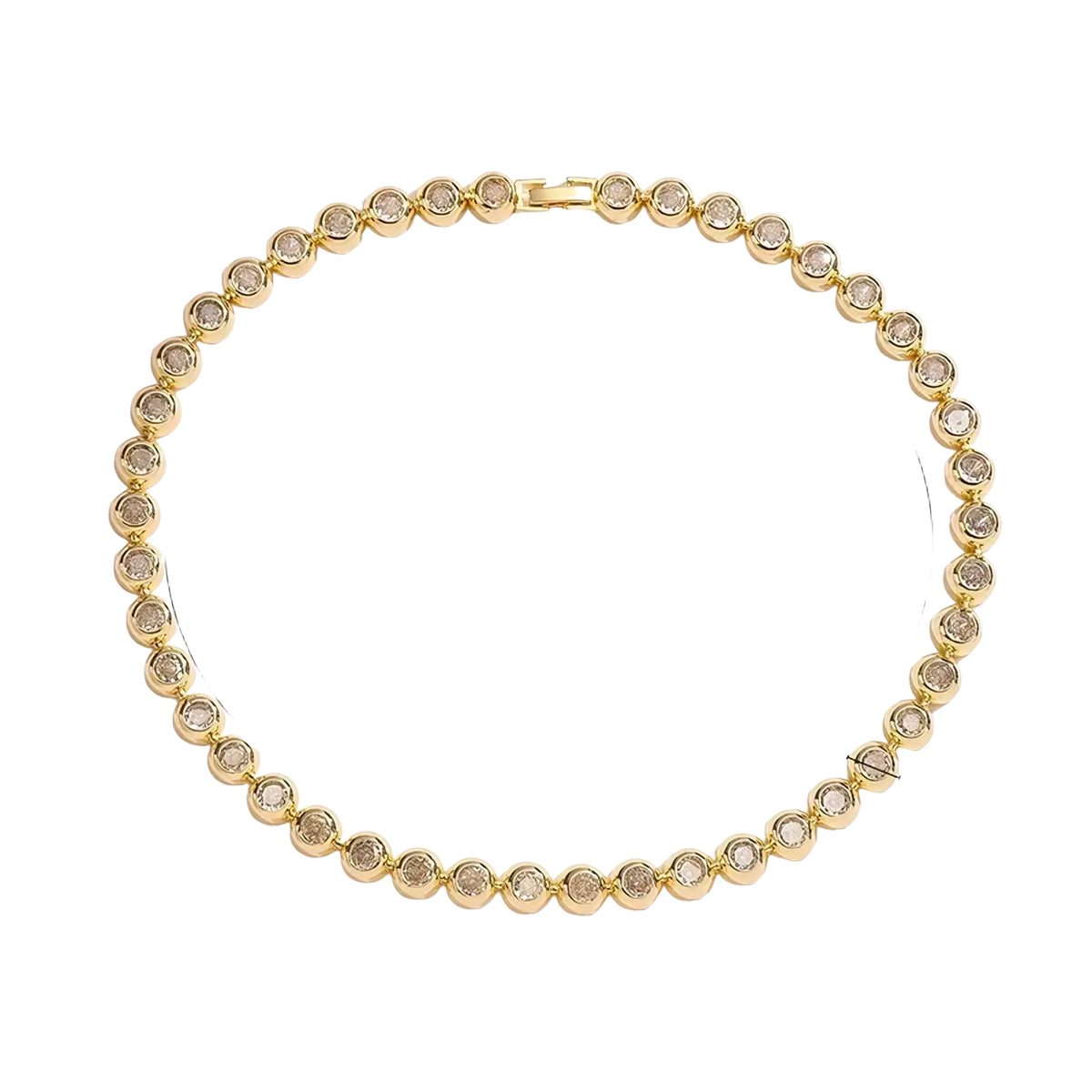 Gold plated cz tennis necklace with gold-toned round faceted stones set in a sleek chain design