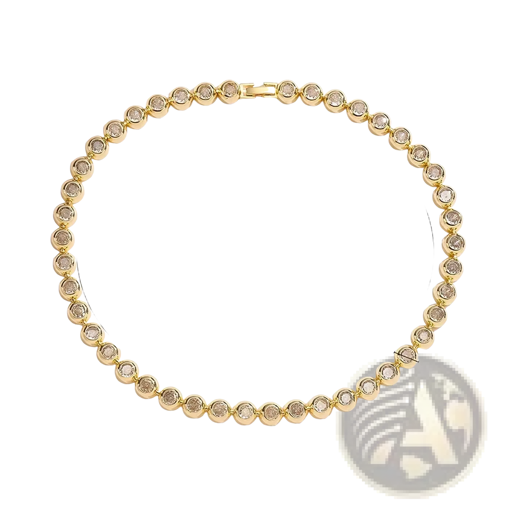 Gold plated cz tennis necklace with gold-toned round faceted stones set in a sleek chain design
