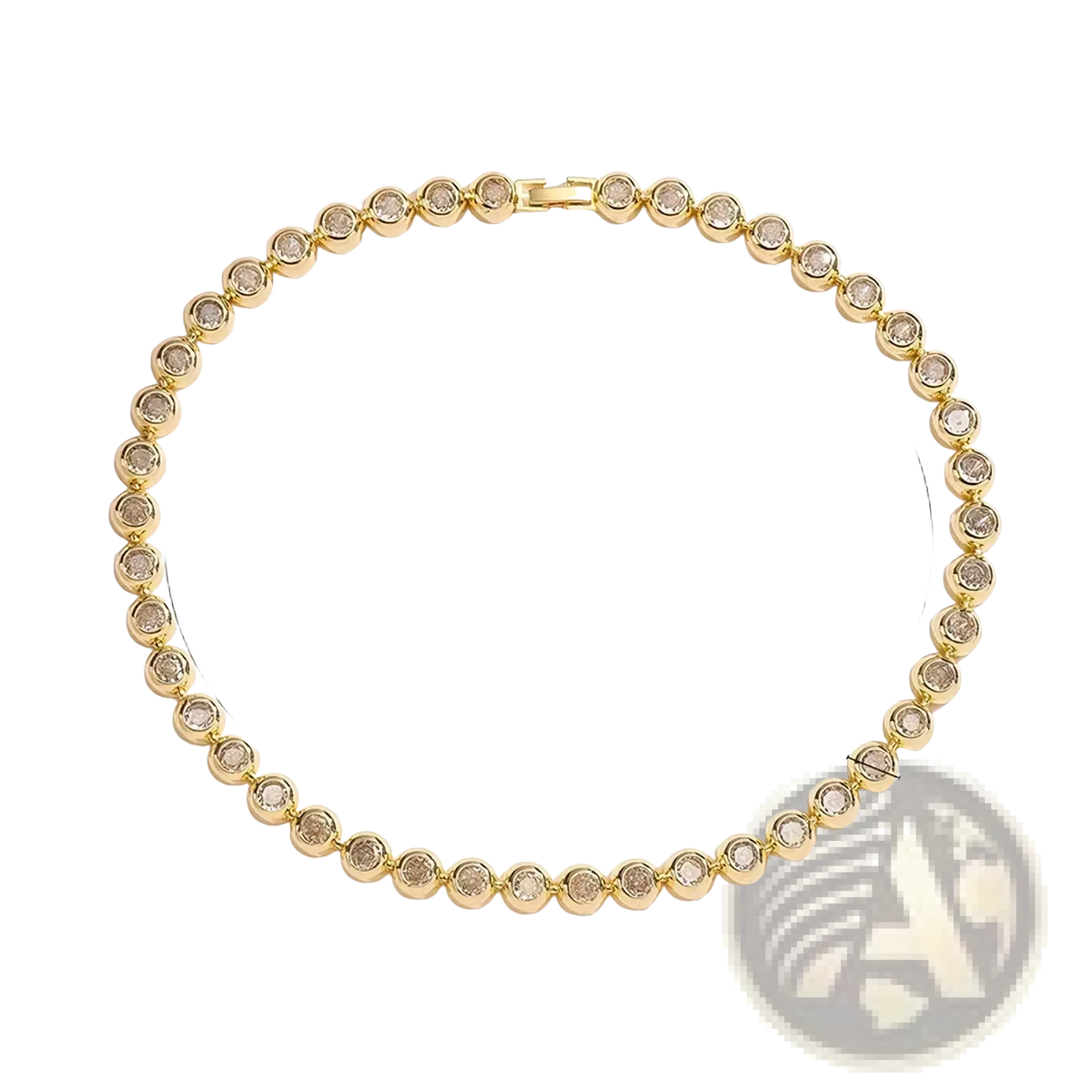 Gold plated cz tennis necklace with gold-toned round faceted stones set in a sleek chain design