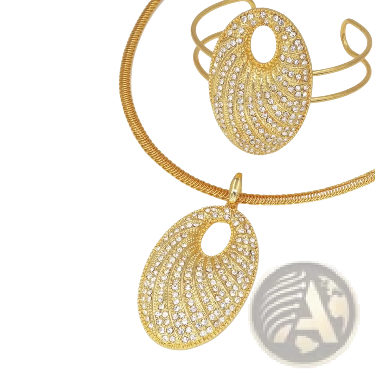 Gold plated rhinestone bridal necklace with gold-toned braided chain and oval pendant featuring clear rhinestone swirls