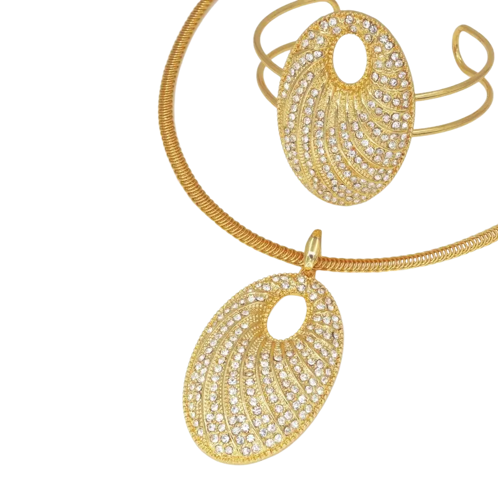 Gold plated rhinestone bridal necklace with gold-toned braided chain and oval pendant featuring clear rhinestone swirls