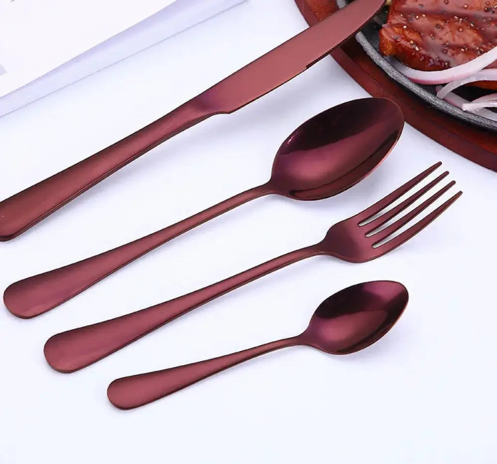Set of four matte burgundy stainless steel cutlery pieces from luxury gold-plated stainless steel steak cutlery set