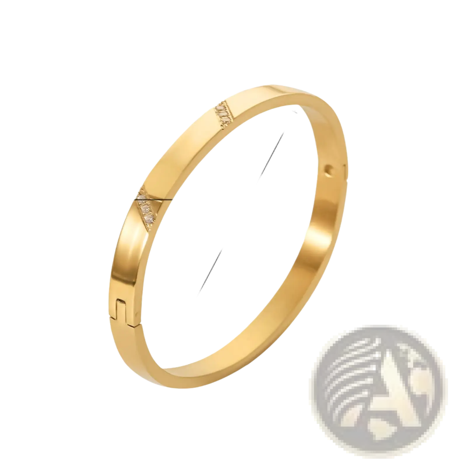 Gold plated stainless steel bangle bracelet with a sleek minimalist design and small zirconia gemstone accents