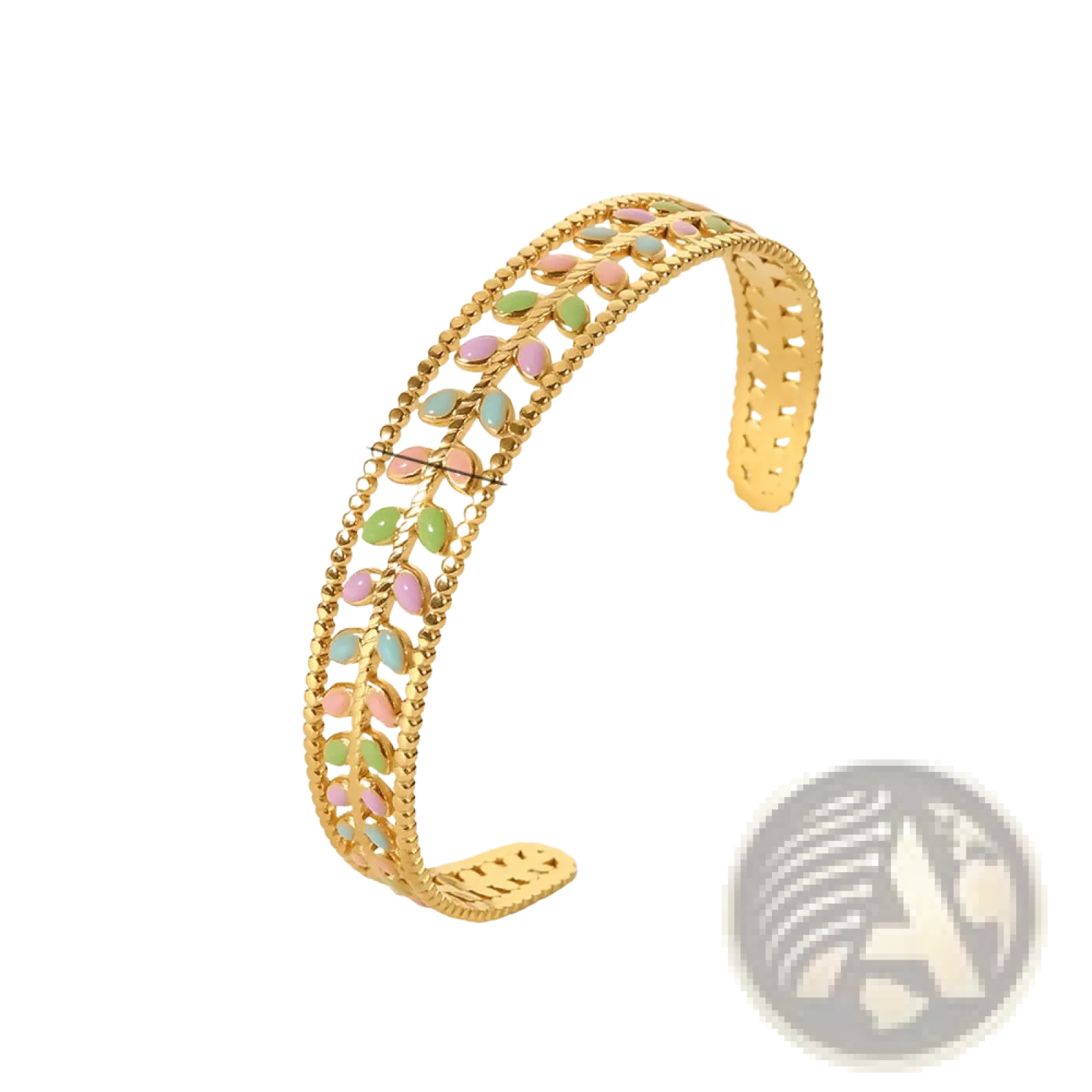 Gold plated stainless steel open cuff bangle bracelet with zirconia and pastel pink green blue enamel leaves pattern
