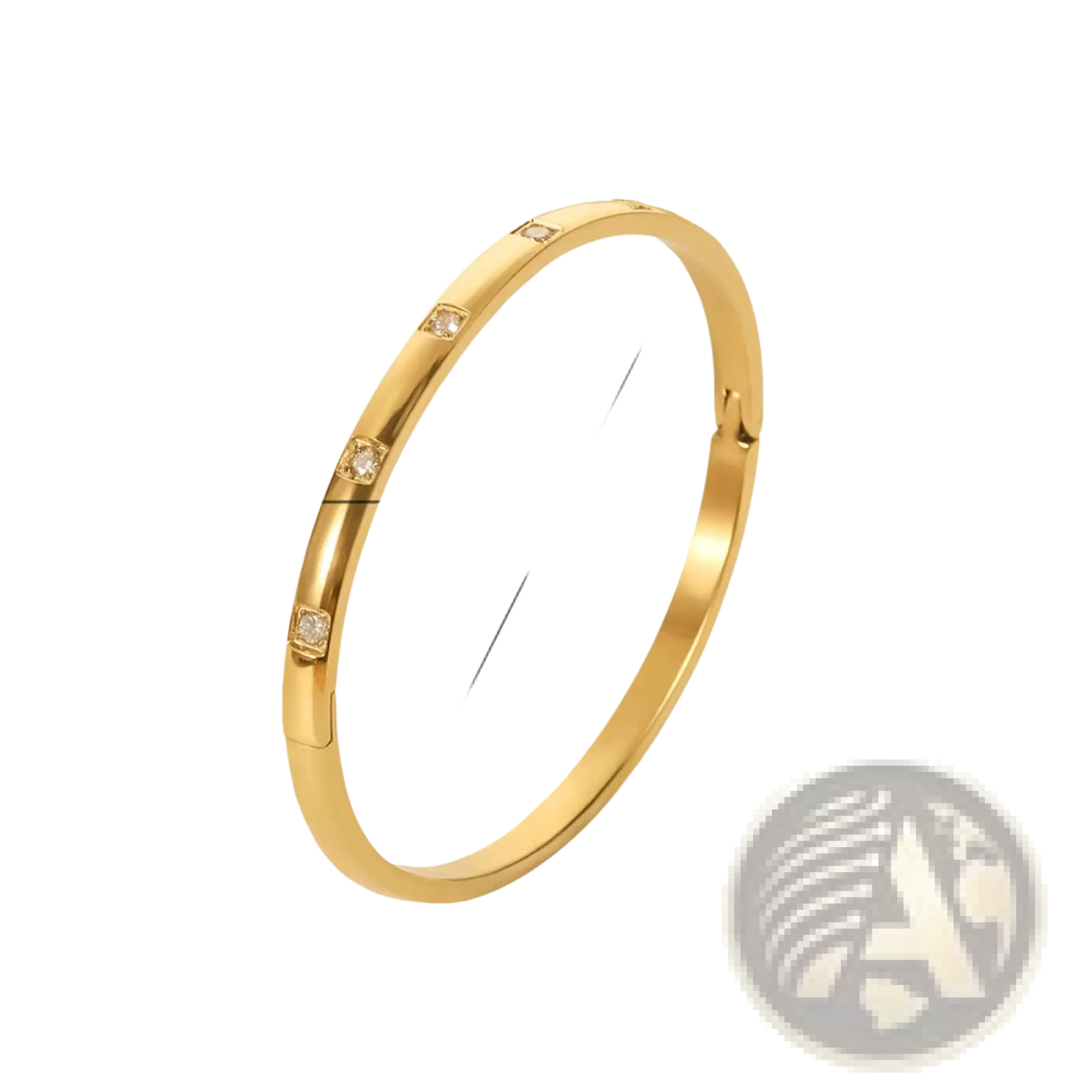 Gold plated stainless steel bangle bracelet with four square-cut clear zirconia gemstones in a gold-toned finish