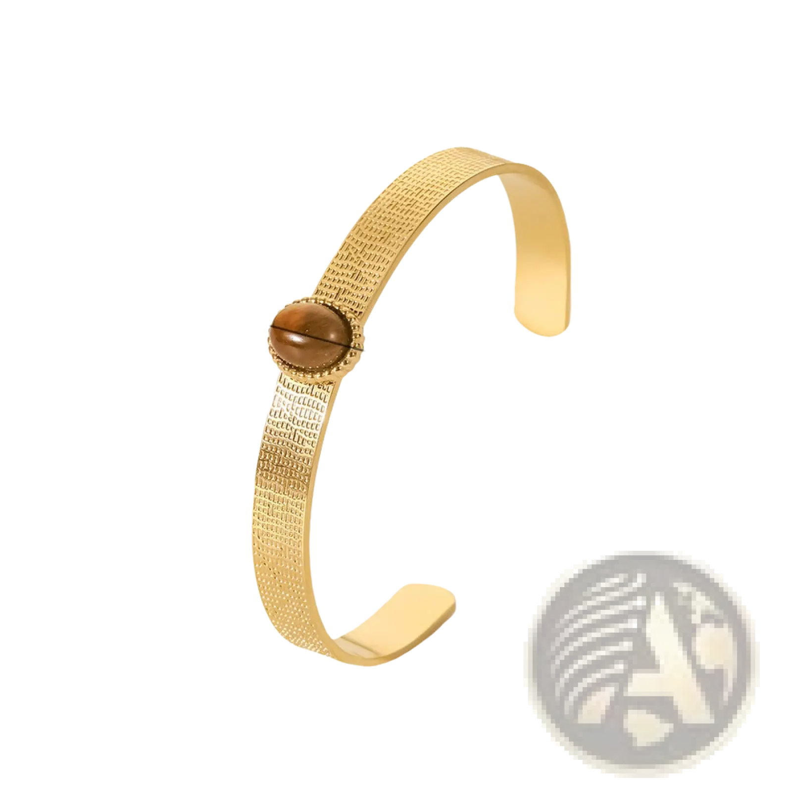 Gold plated stainless steel bangle bracelet with gold toned textured cuff and central brown zirconia gemstone