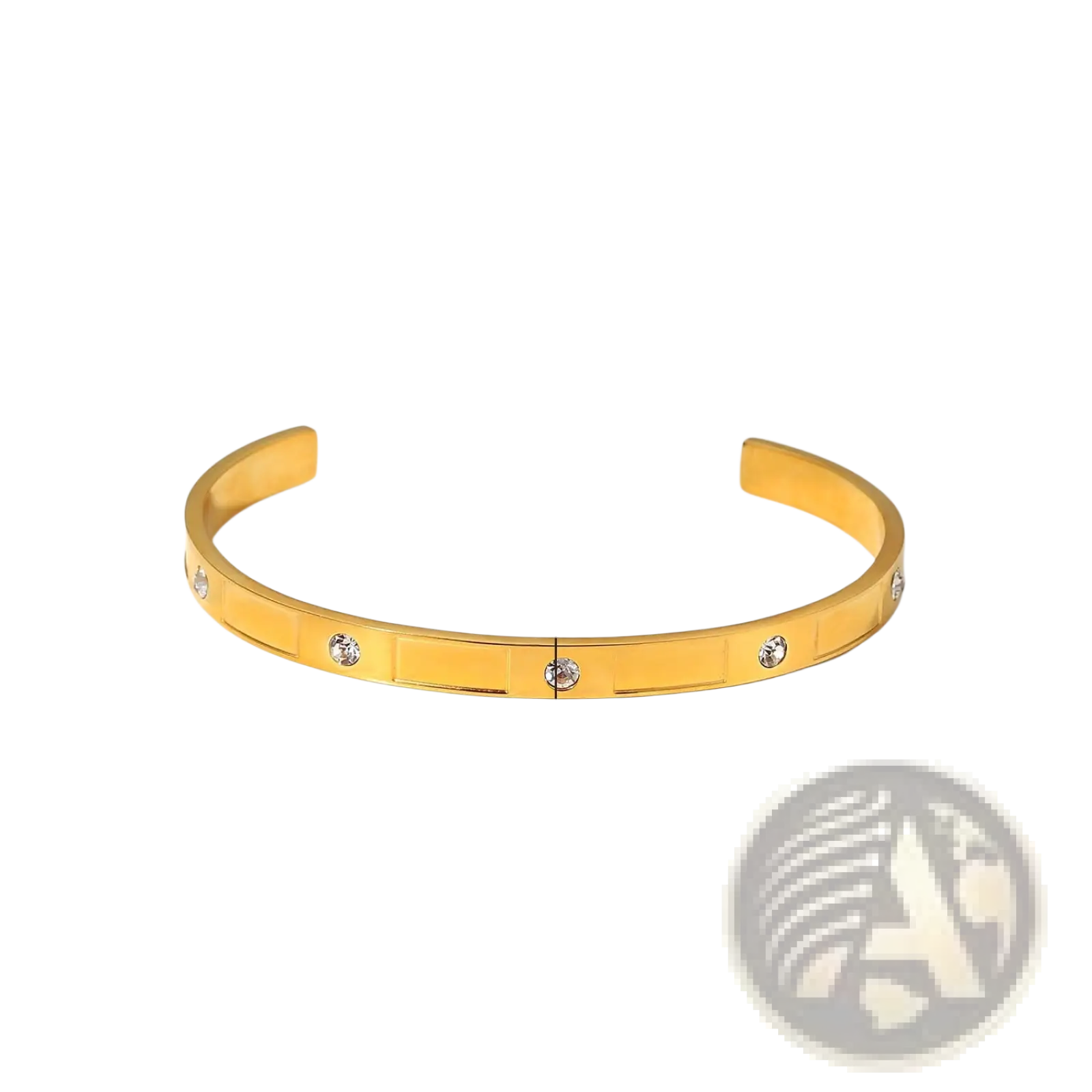 Gold plated stainless steel cuff bracelet with clear zirconia gemstones in a rectangular pattern elegant design