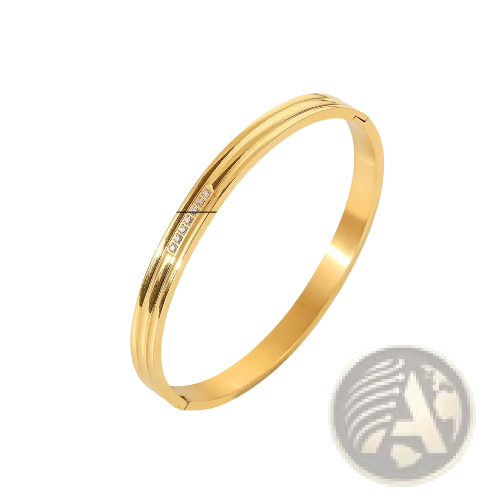 Gold plated stainless steel bangle bracelet with sleek double-layer design and clear zirconia stones along inner edge