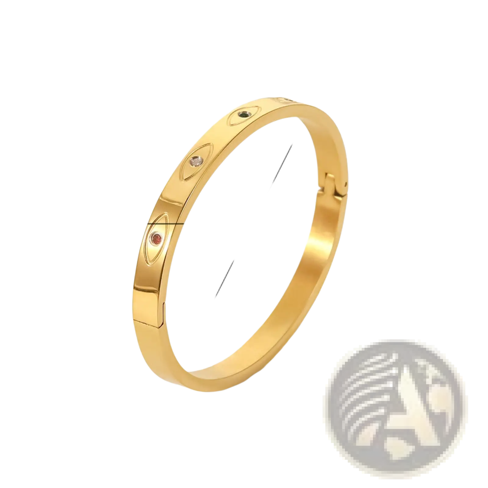 Gold plated stainless steel bangle bracelet with gold-toned finish and embedded oval-shaped zirconia gemstones