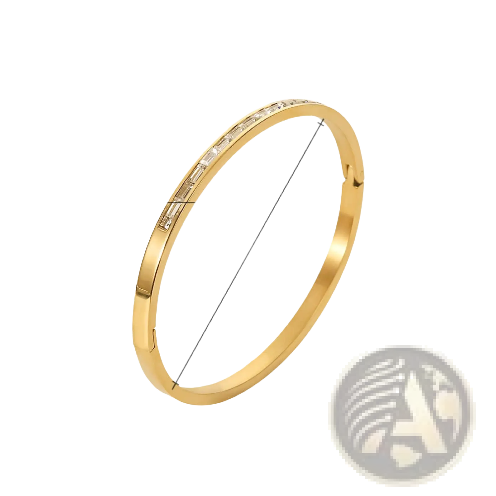 Gold plated stainless steel bangle bracelet with a smooth gold tone and clear baguette-cut zirconia stones along the edge