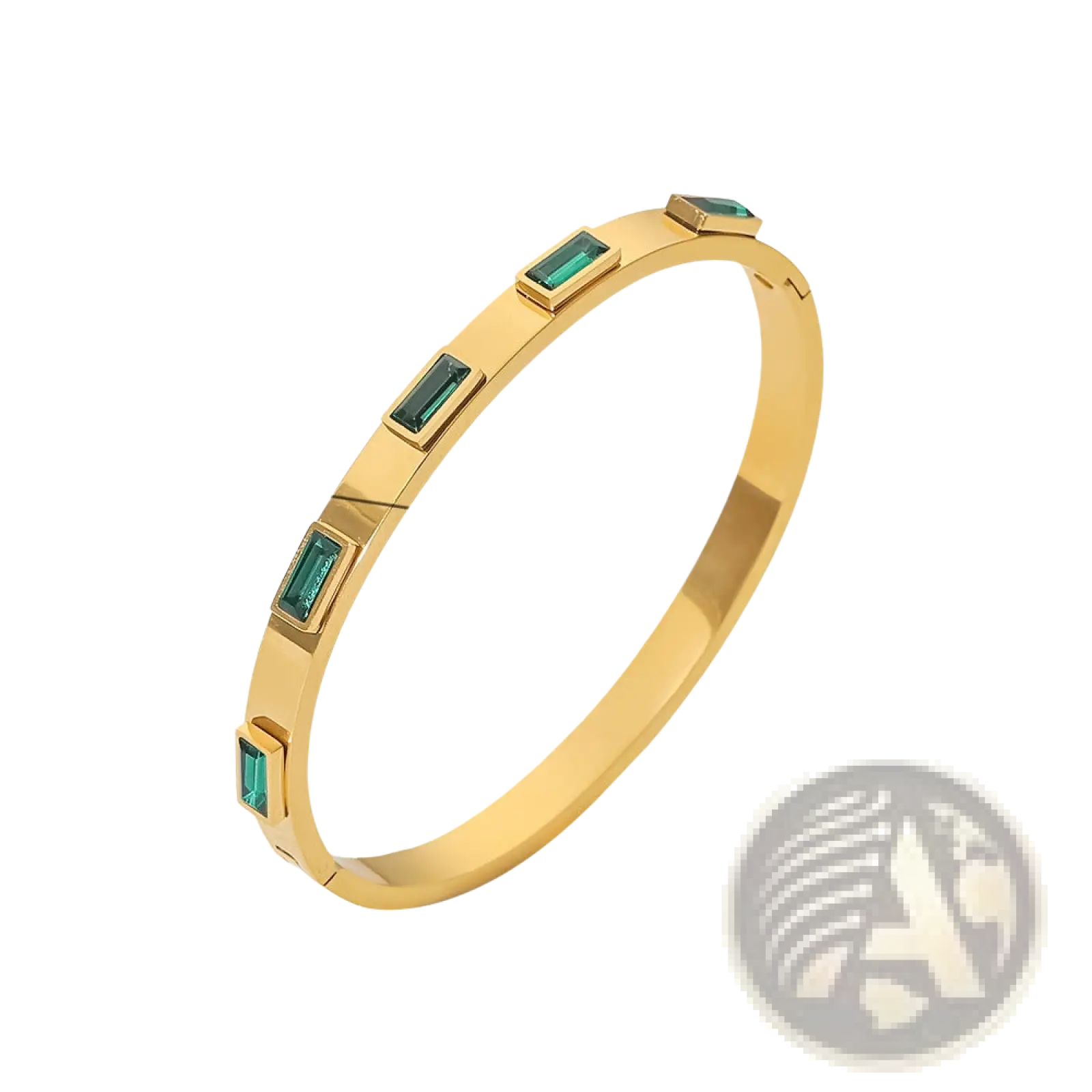 Gold plated stainless steel bangle bracelet with five rectangular emerald green zirconia gemstones in minimalist design