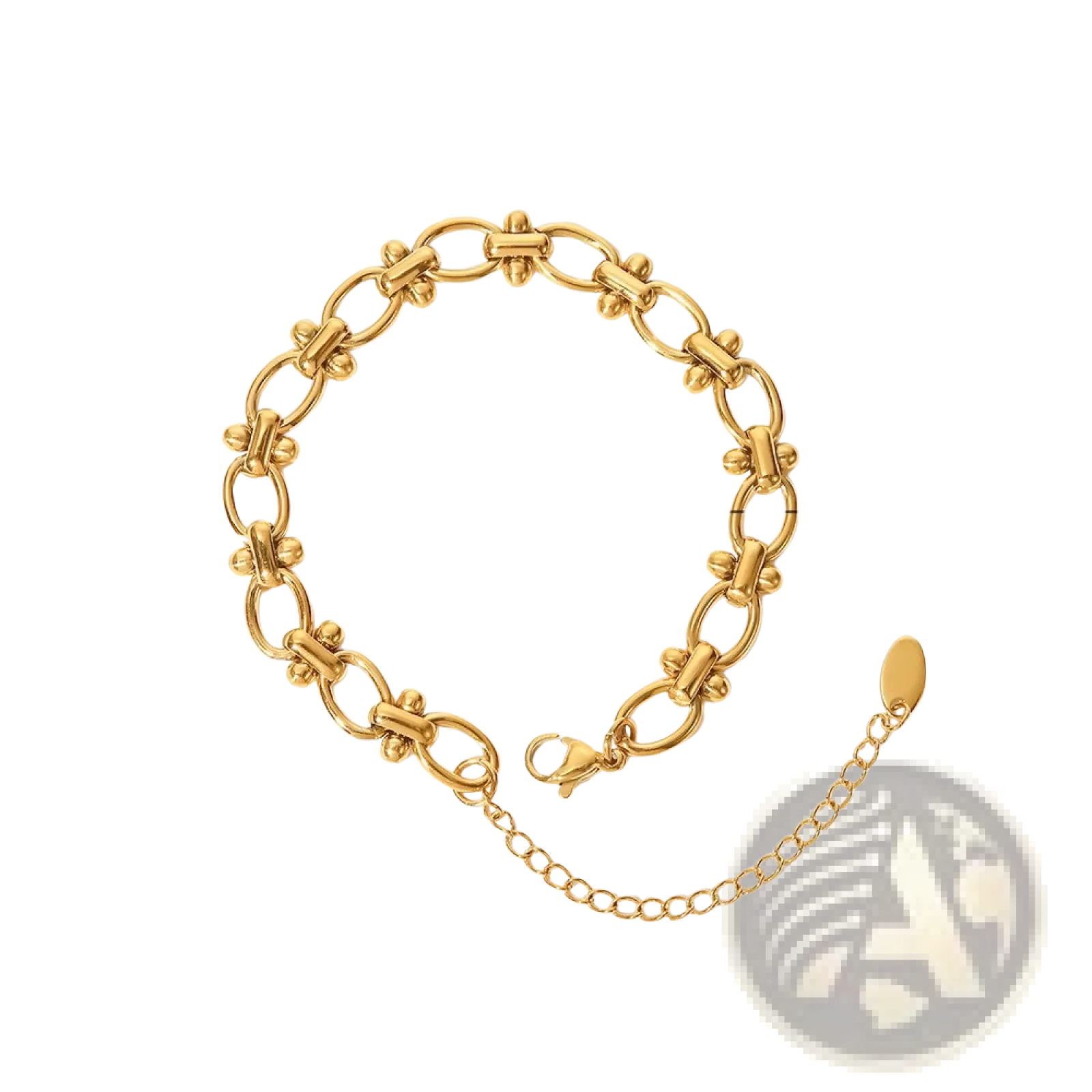 Gold plated stainless steel chain bracelet with classic link design and adjustable extension chain featuring zirconia gemstone