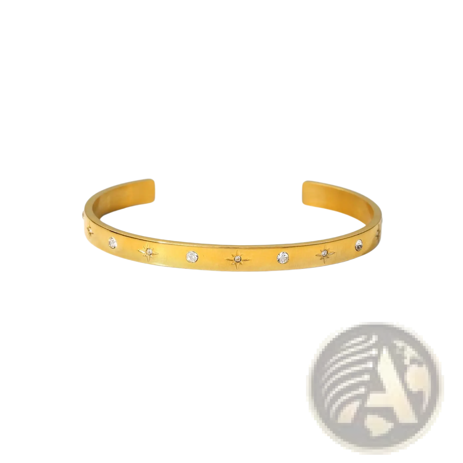 Gold plated stainless steel bangle bracelet in gold tone with star-shaped zirconia gemstone accents and modern design