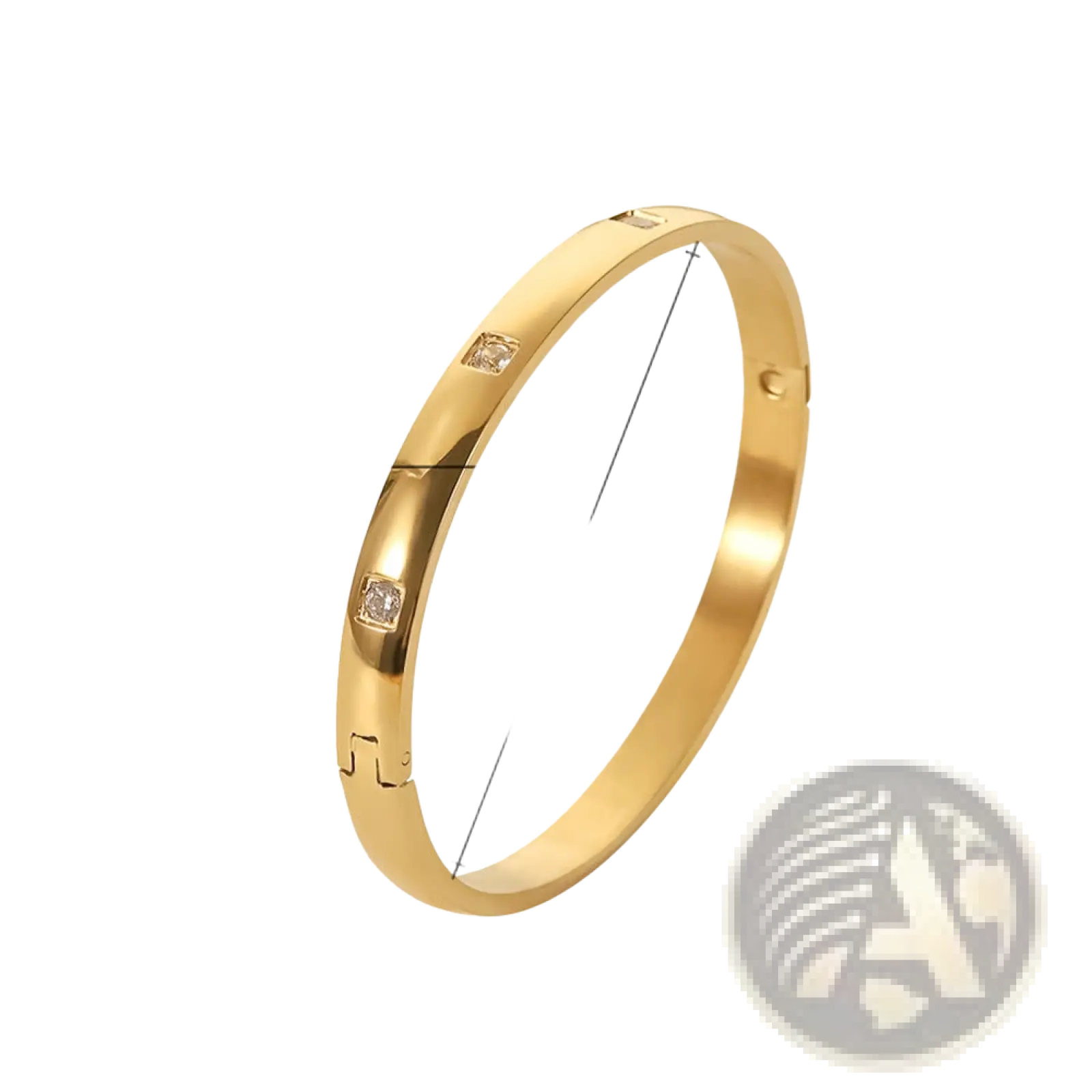 Gold plated stainless steel bangle bracelet with gold tone and three square cut clear zirconia gemstones