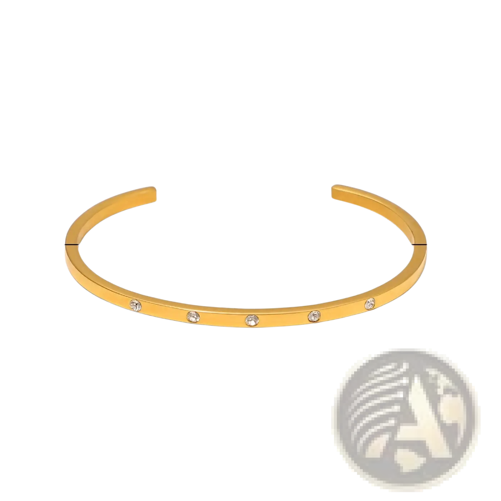 Gold plated stainless steel bangle bracelet with gold tone and five clear zirconia gemstone accents