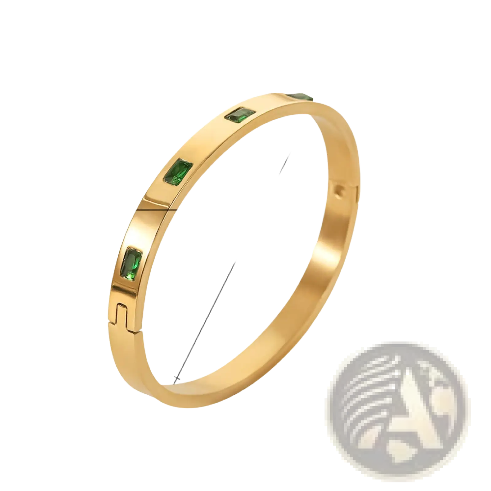 Gold plated stainless steel bangle bracelet with three rectangular green zirconia gemstones on a gold toned surface