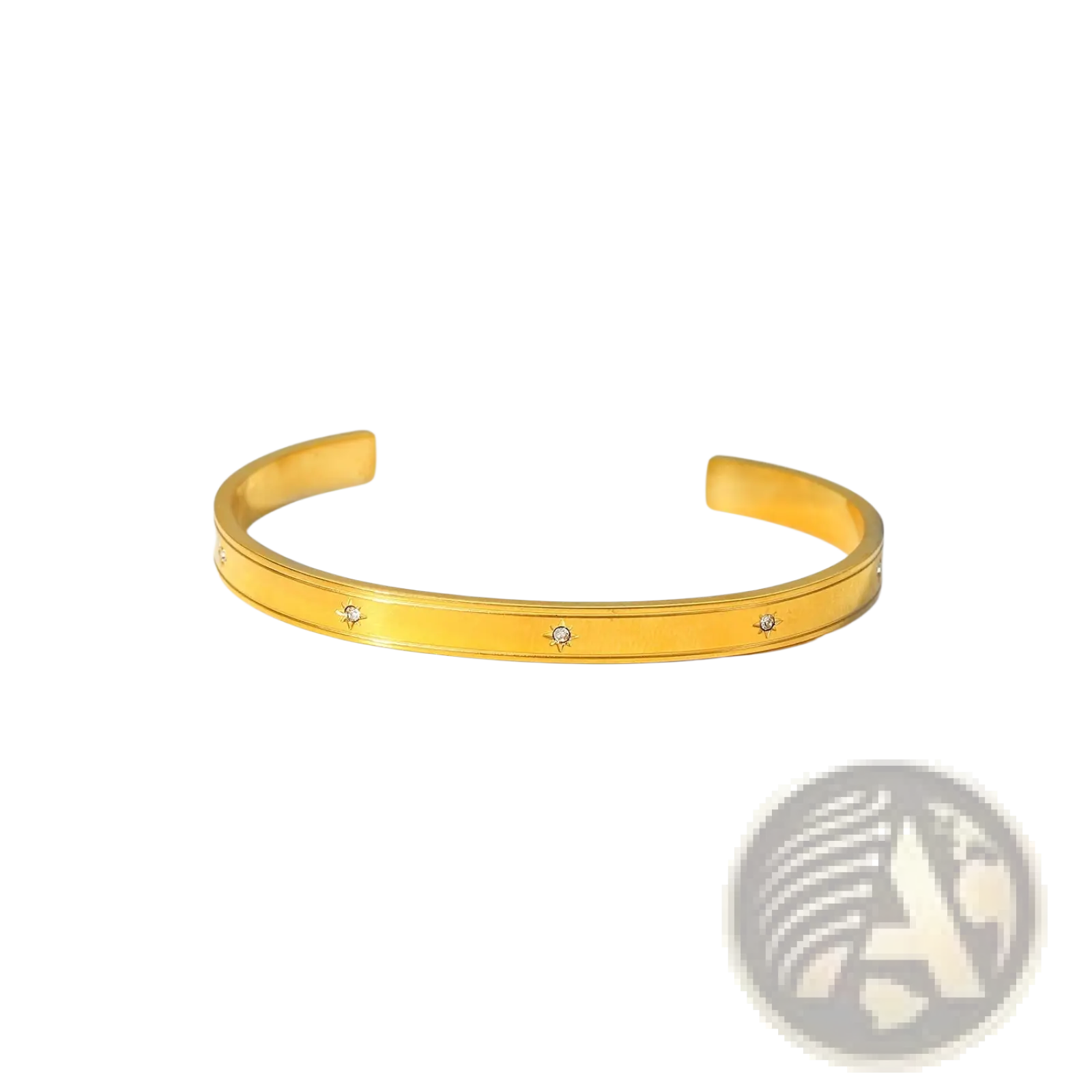 Gold plated stainless steel open bangle bracelet in gold tone with sparkling zirconia gemstones along its surface
