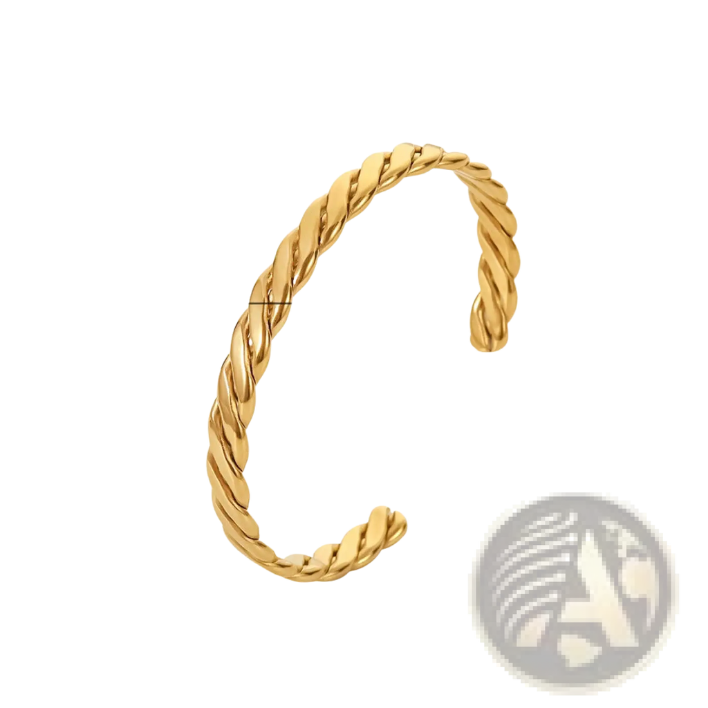 Gold plated stainless steel zirconia gemstone bangle bracelet in a gold-toned twisted rope cuff with open design